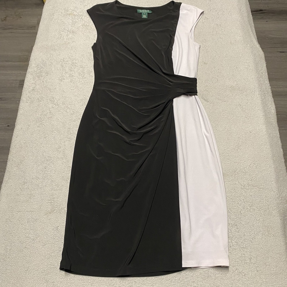 Lauren Ralph Lauren Dress Womens 8 Black Gray Two Tone Sheath Sleeveless Formal